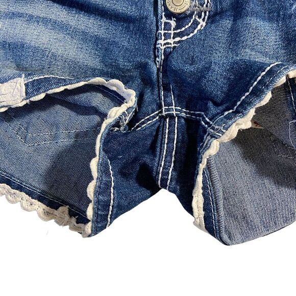 Amethyst Button Fly Embroidered Crochet‎ Pocket Distressed Denim Shorts Women 0 - Picture 3 of 15
